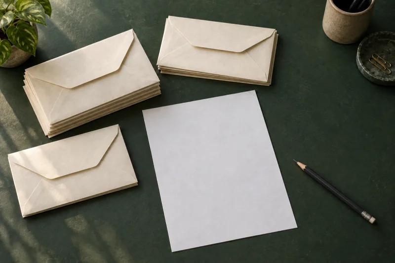 Sobres de papel, una hoja en blanco y un lápiz sobre una mesa verde