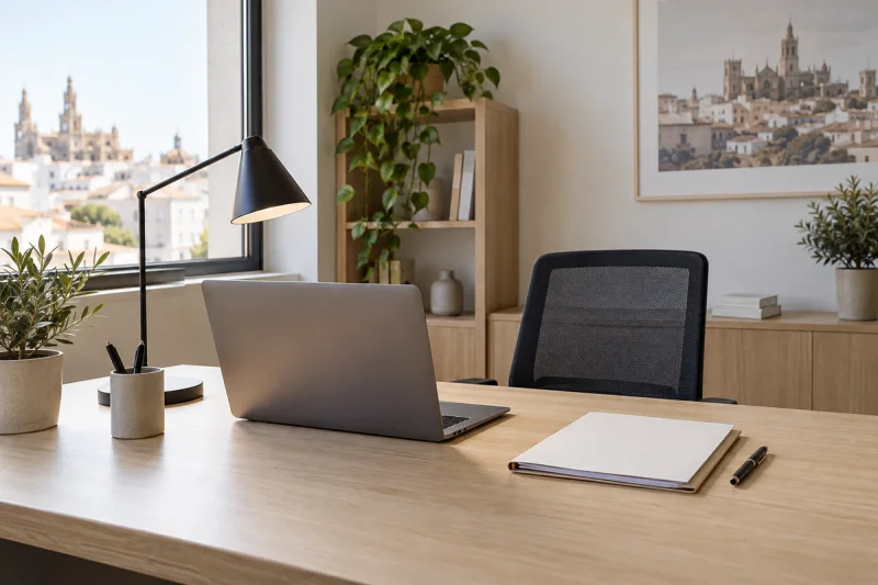Mesa de trabajo con portátil, carpeta y lámpara en una oficina luminosa