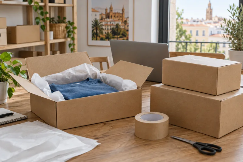 Cajas de envío de cartón con una prenda azul y material de embalaje sobre una mesa de trabajo